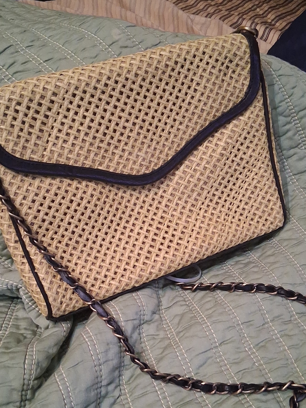 Straw Studios Beige Woven Crossbody with Black Leather Trim